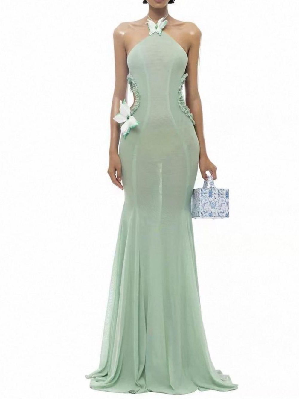 Light Green Halter Mermaid Dress with Butterfly Accents